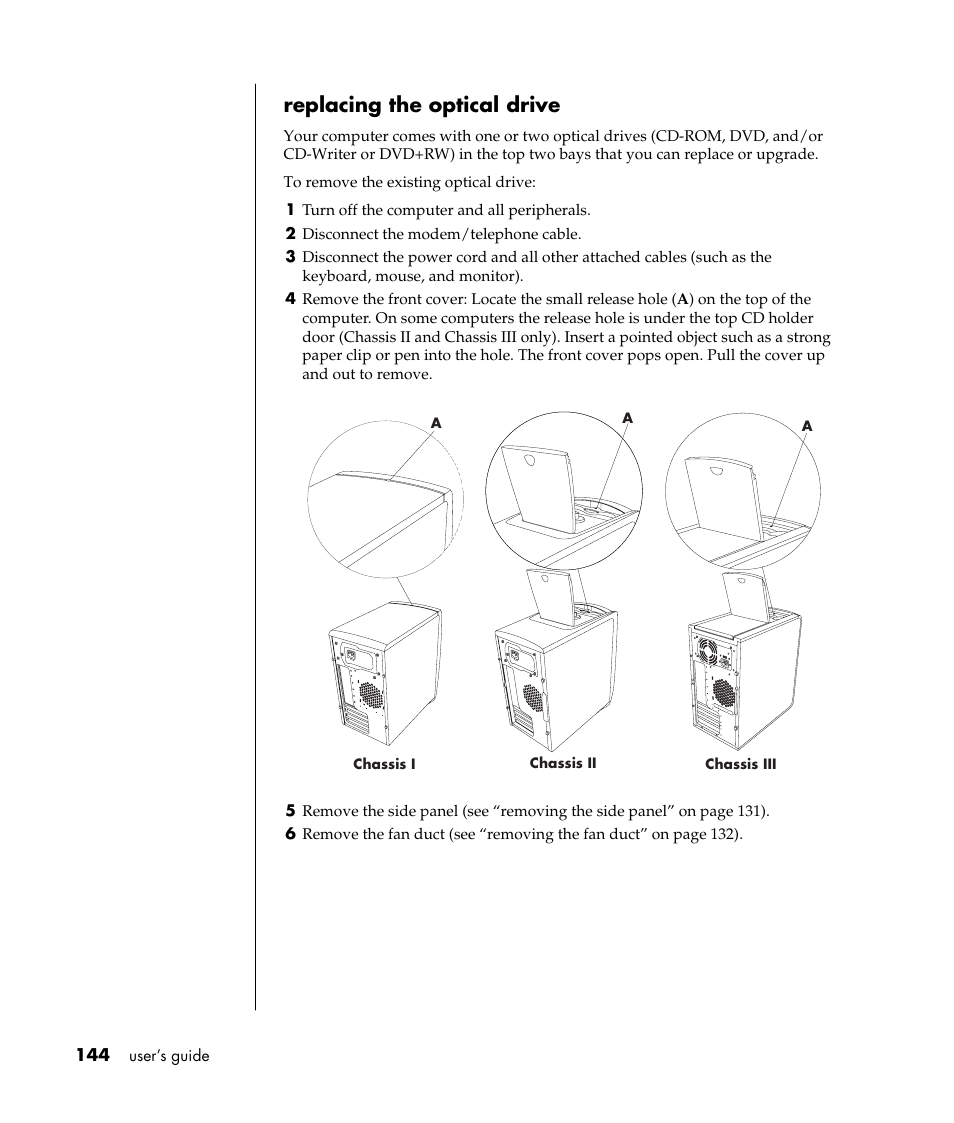 Replacing the optical drive | HP Pavilion t338d Desktop PC User Manual | Page 152 / 168