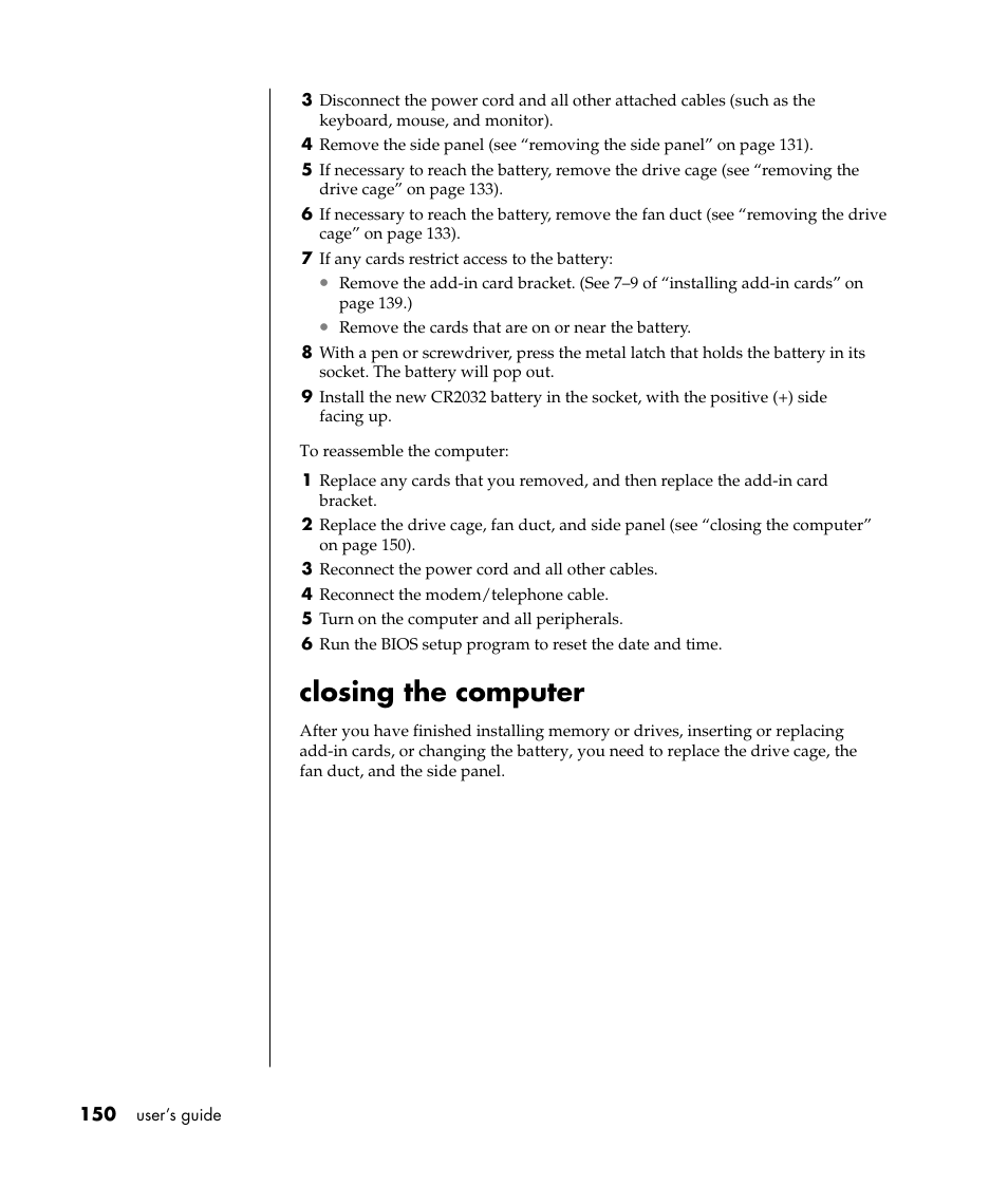 Closing the computer | HP Pavilion t338d Desktop PC User Manual | Page 158 / 168