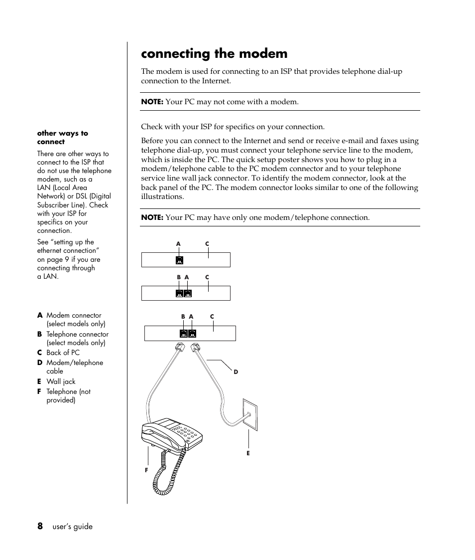 Connecting the modem | HP Pavilion t338d Desktop PC User Manual | Page 16 / 168
