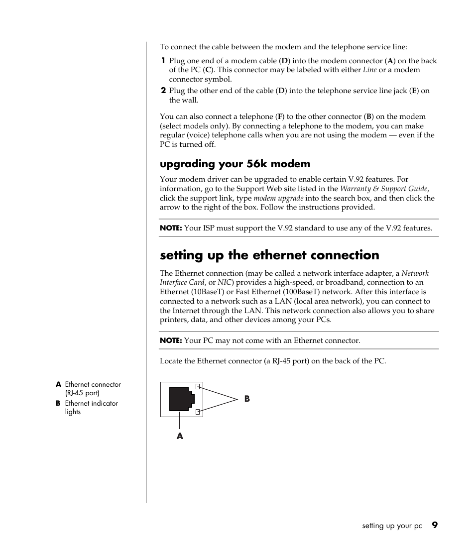 Setting up the ethernet connection, Upgrading your 56k modem | HP Pavilion t338d Desktop PC User Manual | Page 17 / 168