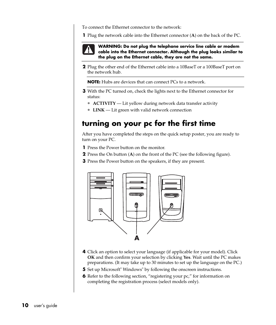 Turning on your pc for the first time | HP Pavilion t338d Desktop PC User Manual | Page 18 / 168