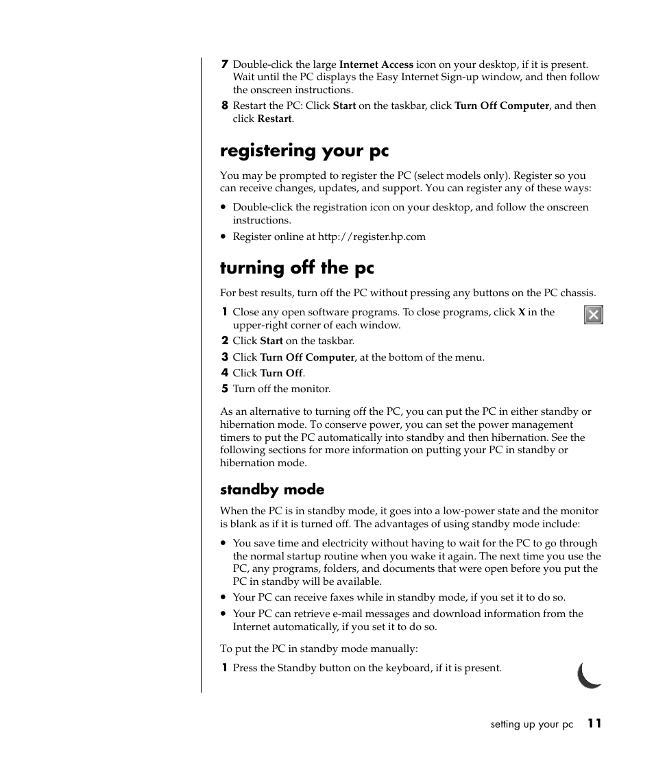 Registering your pc, Turning off the pc, Standby mode | HP Pavilion t338d Desktop PC User Manual | Page 19 / 168