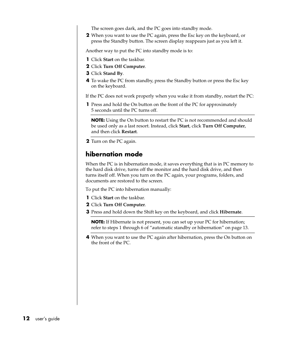 Hibernation mode | HP Pavilion t338d Desktop PC User Manual | Page 20 / 168