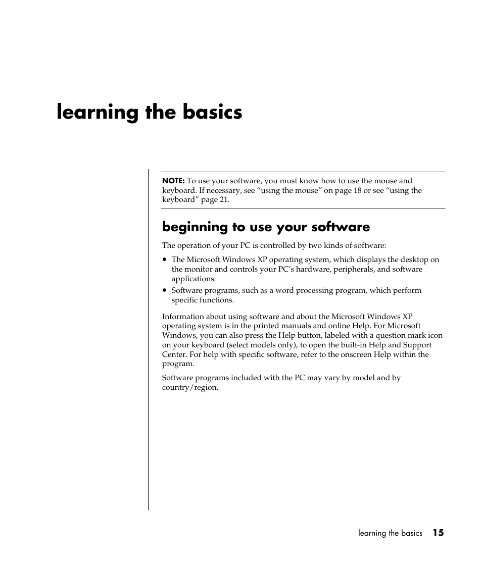 Learning the basics, Beginning to use your software | HP Pavilion t338d Desktop PC User Manual | Page 23 / 168