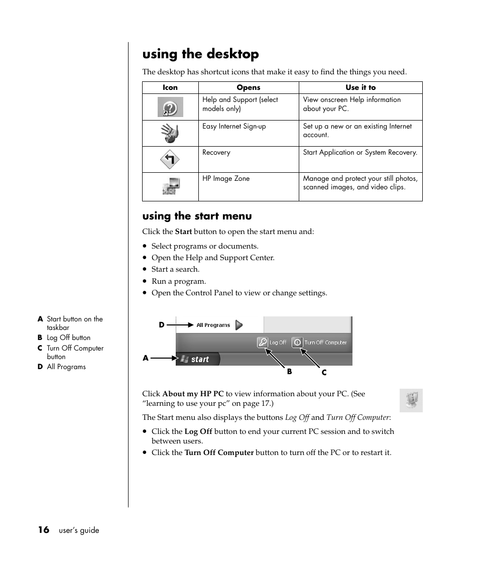 Using the desktop, Using the start menu | HP Pavilion t338d Desktop PC User Manual | Page 24 / 168