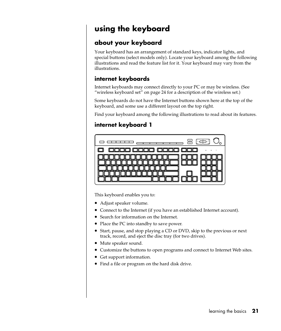 Using the keyboard, About your keyboard | HP Pavilion t338d Desktop PC User Manual | Page 29 / 168