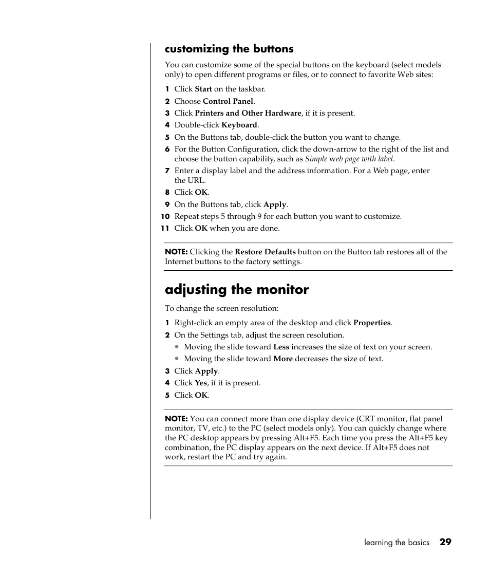 Adjusting the monitor, Customizing the buttons | HP Pavilion t338d Desktop PC User Manual | Page 37 / 168