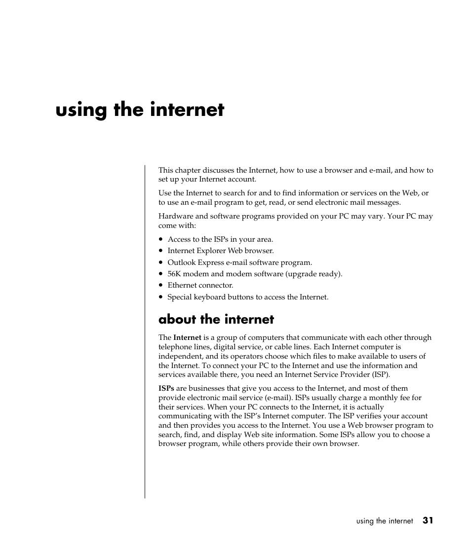 Using the internet, About the internet | HP Pavilion t338d Desktop PC User Manual | Page 39 / 168