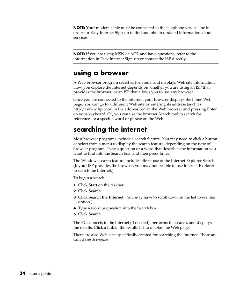 Using a browser, Searching the internet | HP Pavilion t338d Desktop PC User Manual | Page 42 / 168