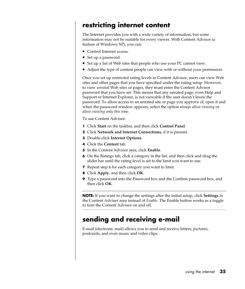 Restricting internet content, Sending and receiving e-mail | HP Pavilion t338d Desktop PC User Manual | Page 43 / 168