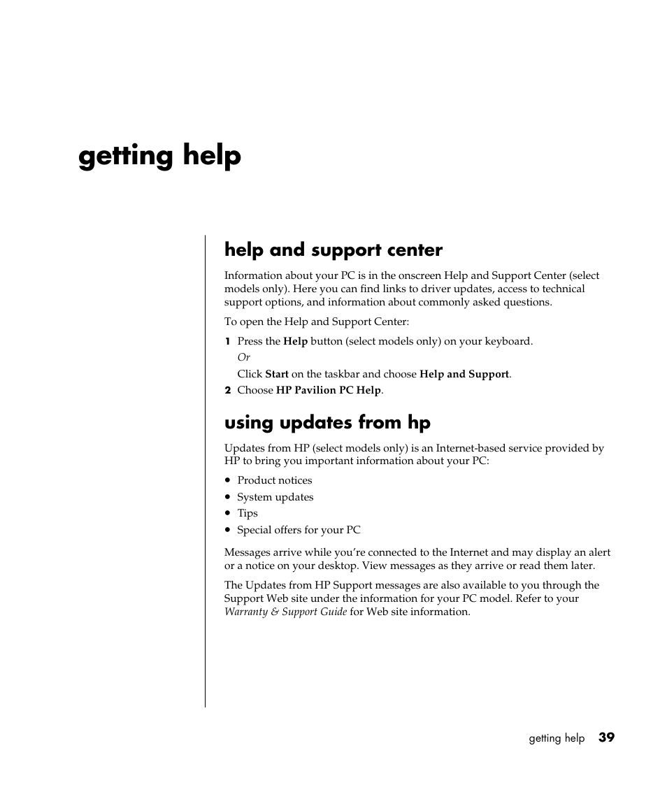 Getting help, Help and support center, Using updates from hp | HP Pavilion t338d Desktop PC User Manual | Page 47 / 168