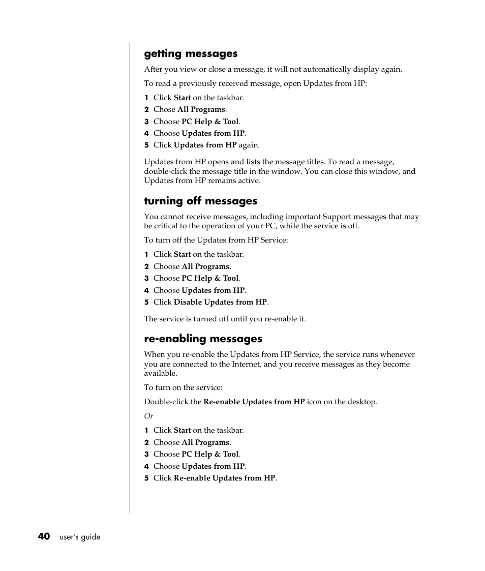 Getting messages, Turning off messages, Re-enabling messages | HP Pavilion t338d Desktop PC User Manual | Page 48 / 168