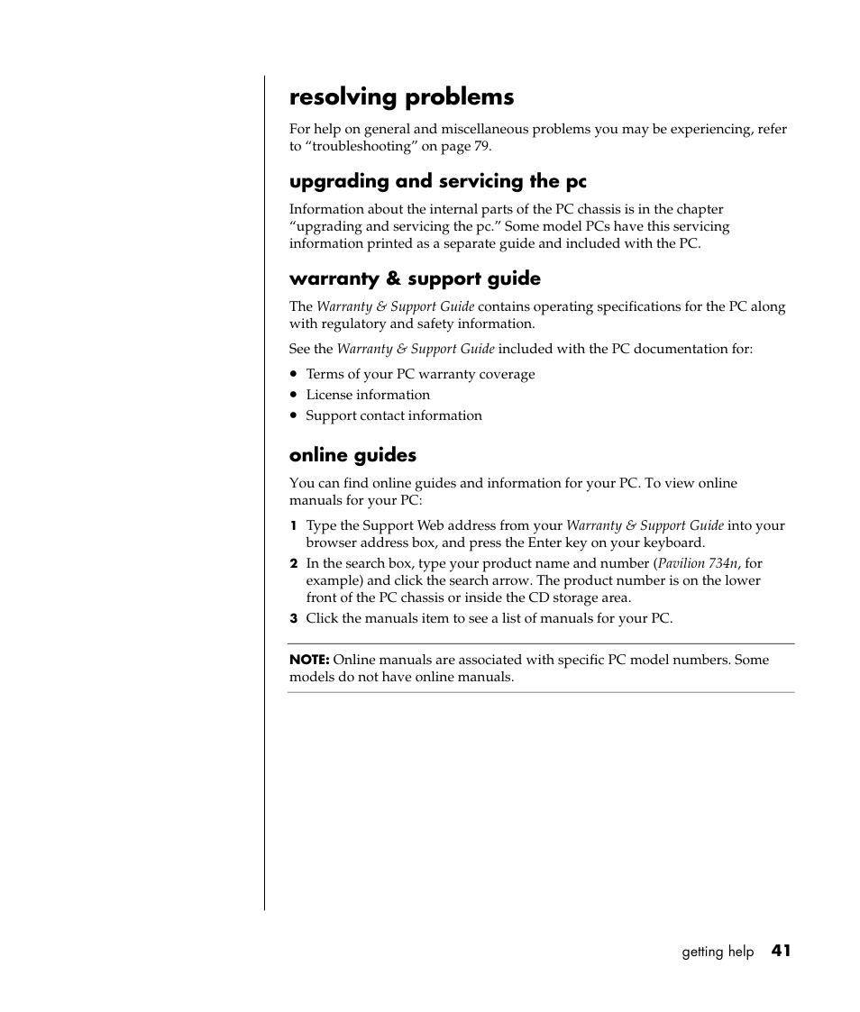 Resolving problems, Upgrading and servicing the pc, Warranty & support guide | Online guides | HP Pavilion t338d Desktop PC User Manual | Page 49 / 168