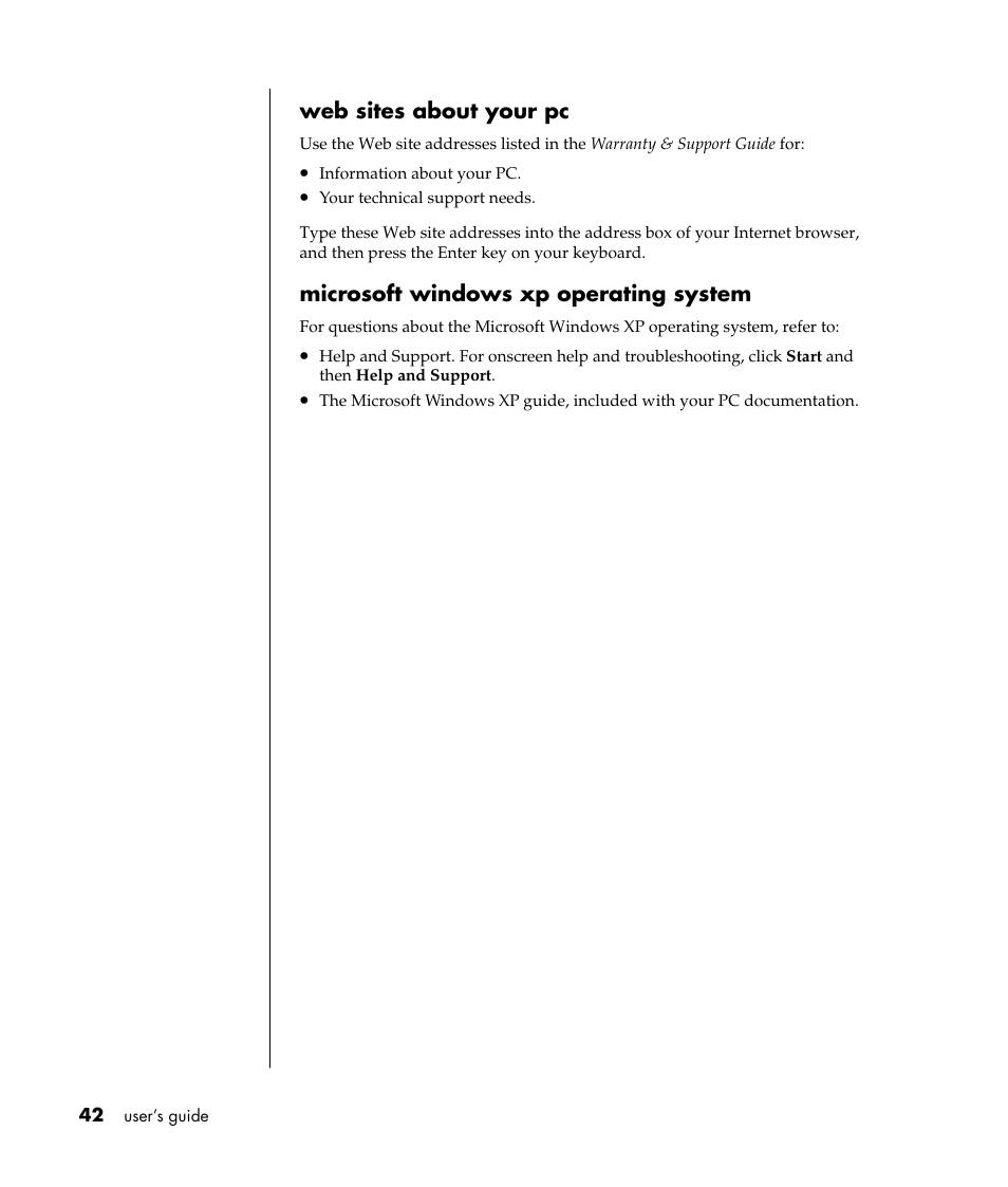 Web sites about your pc, Microsoft windows xp operating system | HP Pavilion t338d Desktop PC User Manual | Page 50 / 168