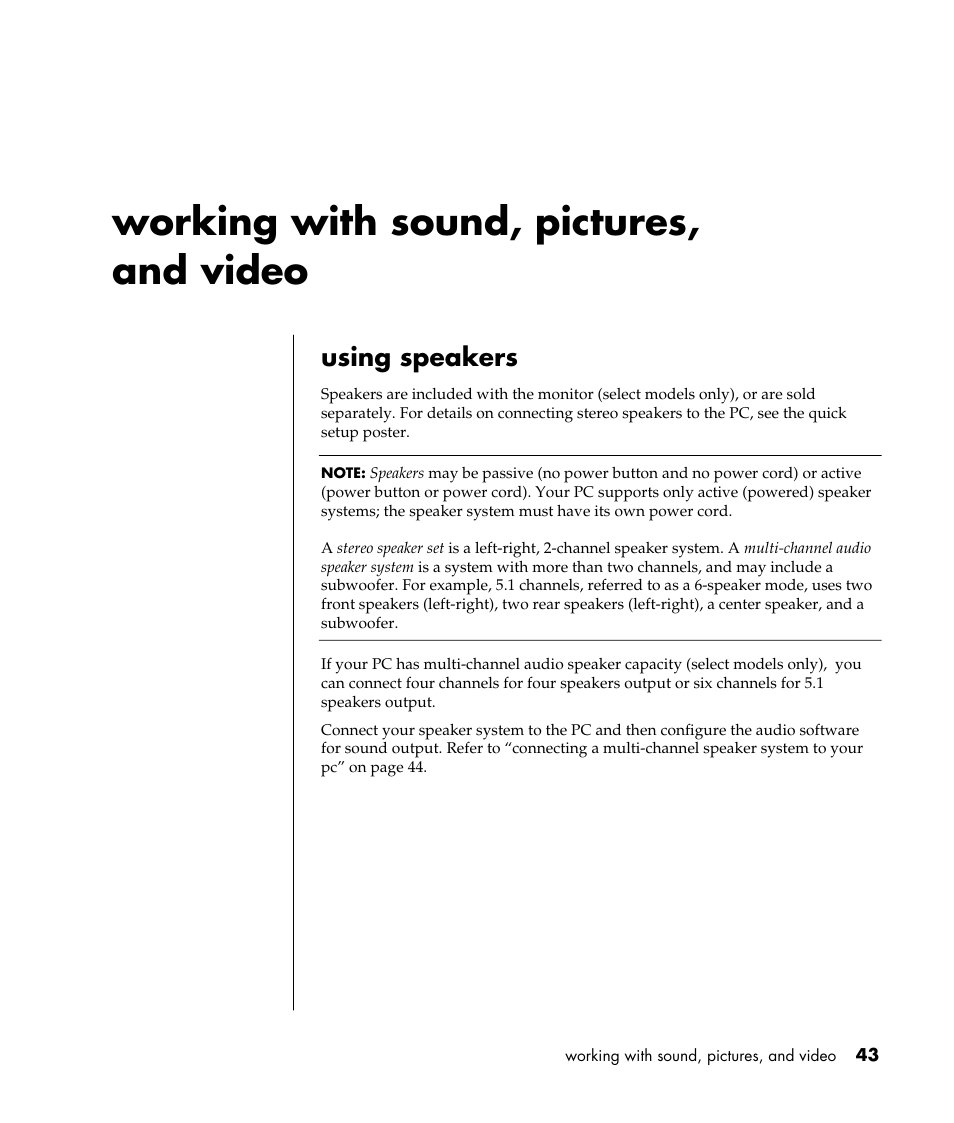 Working with sound, pictures, and video, Using speakers | HP Pavilion t338d Desktop PC User Manual | Page 51 / 168