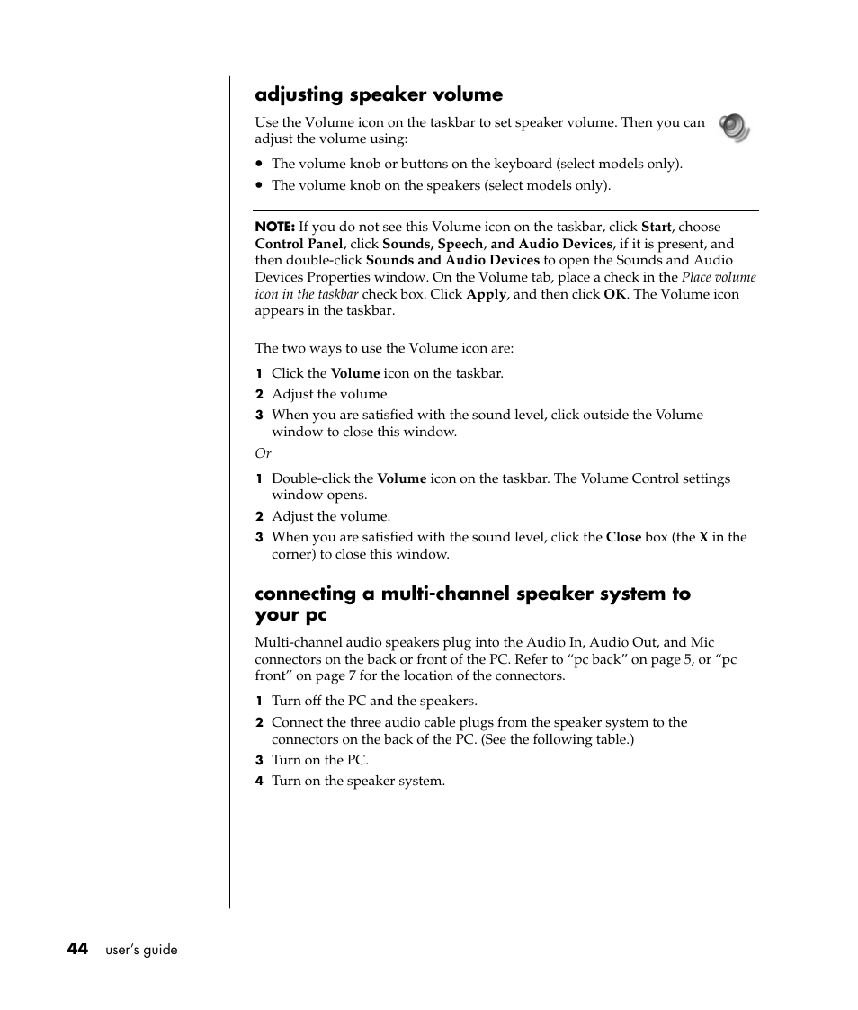 Adjusting speaker volume | HP Pavilion t338d Desktop PC User Manual | Page 52 / 168