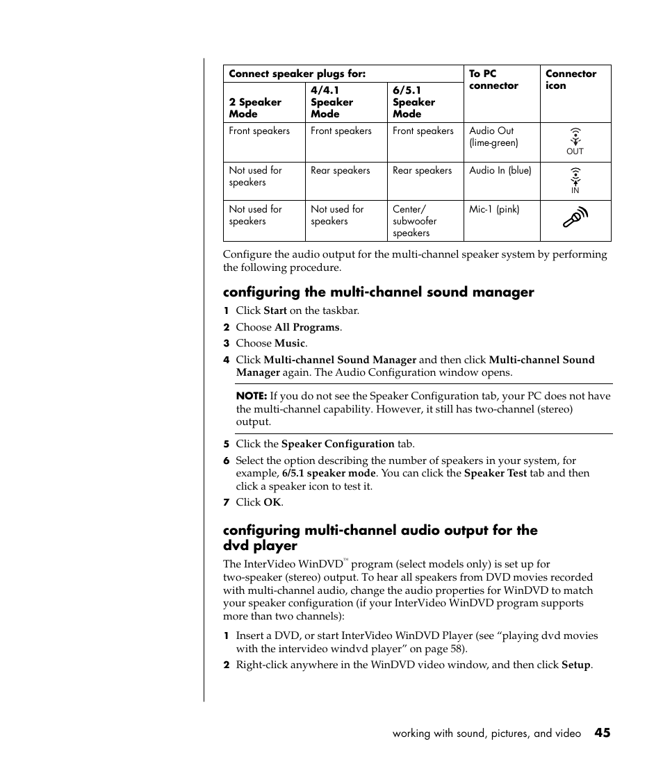 Configuring the multi-channel sound manager | HP Pavilion t338d Desktop PC User Manual | Page 53 / 168
