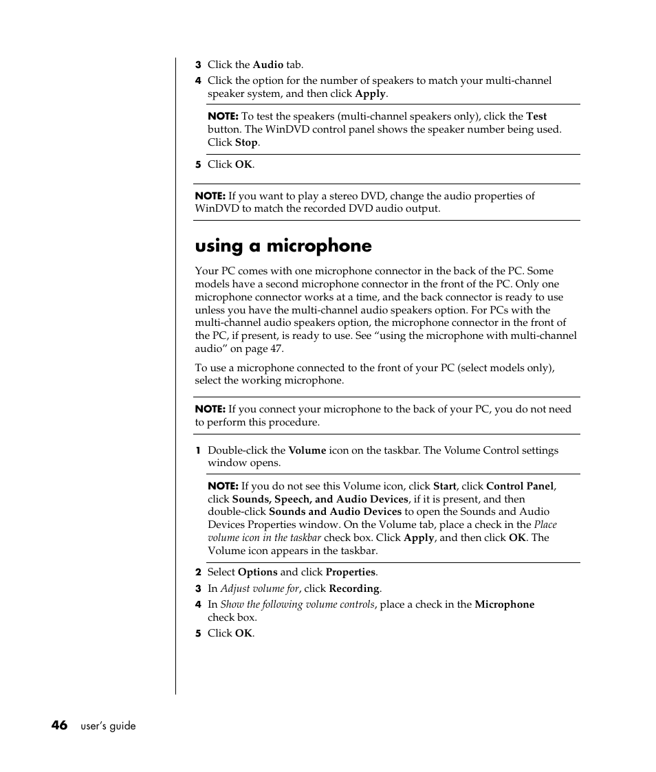 Using a microphone | HP Pavilion t338d Desktop PC User Manual | Page 54 / 168