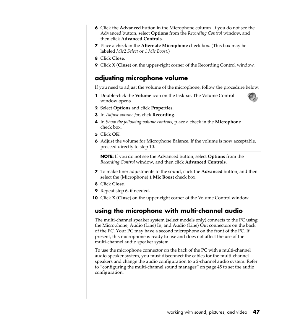Adjusting microphone volume, Using the microphone with multi-channel audio | HP Pavilion t338d Desktop PC User Manual | Page 55 / 168
