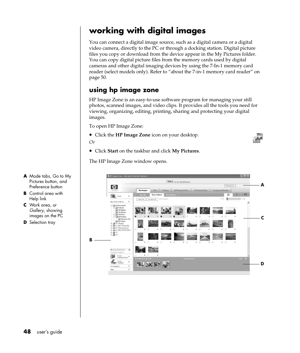 Working with digital images, Using hp image zone | HP Pavilion t338d Desktop PC User Manual | Page 56 / 168
