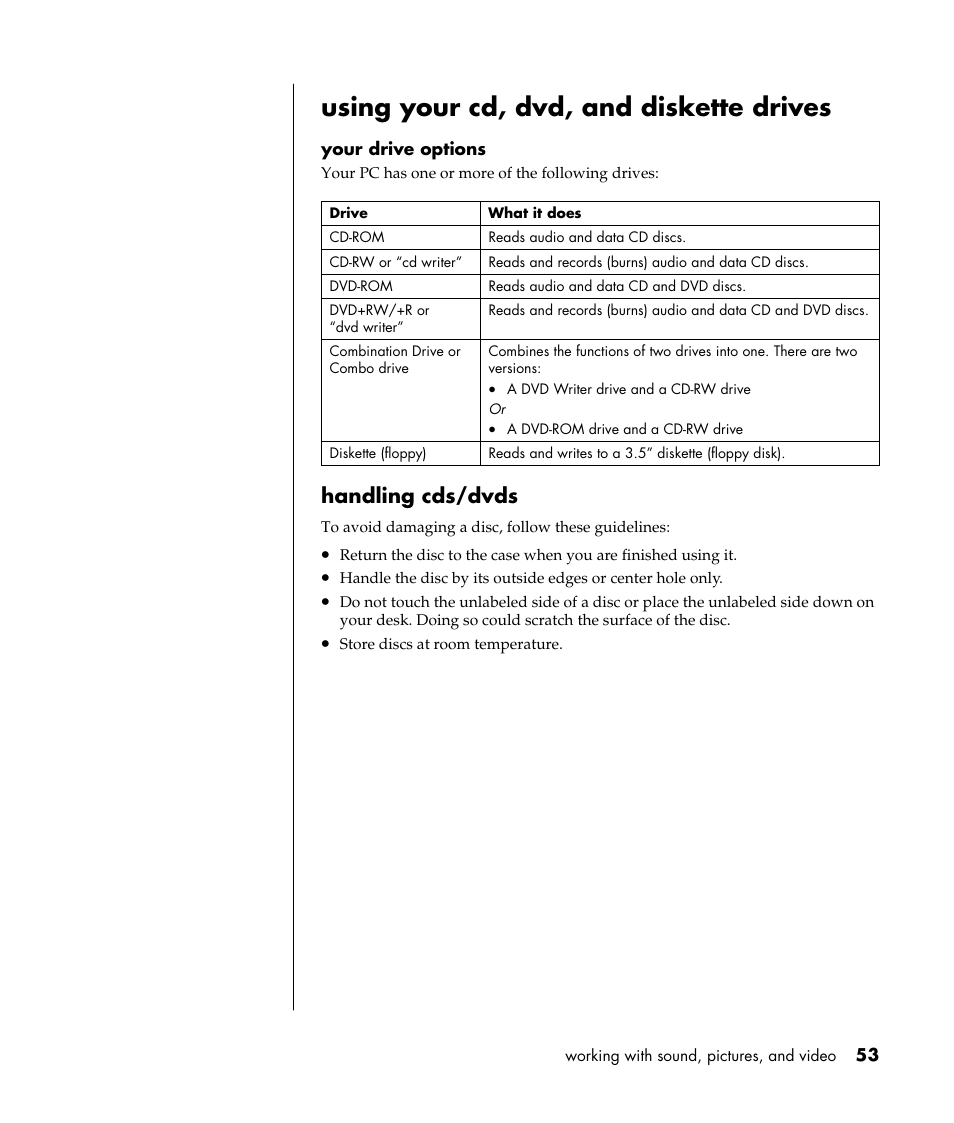Using your cd, dvd, and diskette drives, Handling cds/dvds | HP Pavilion t338d Desktop PC User Manual | Page 61 / 168