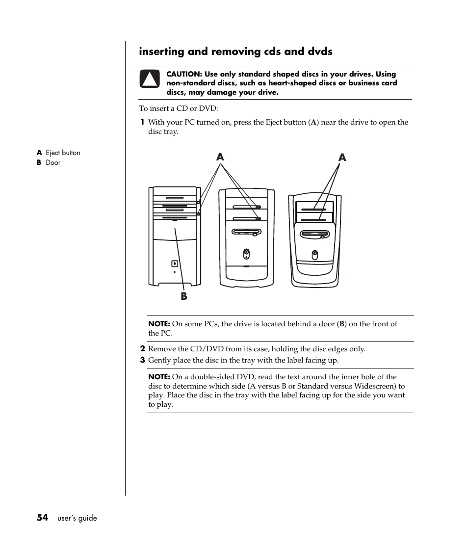 Inserting and removing cds and dvds, Ab a | HP Pavilion t338d Desktop PC User Manual | Page 62 / 168
