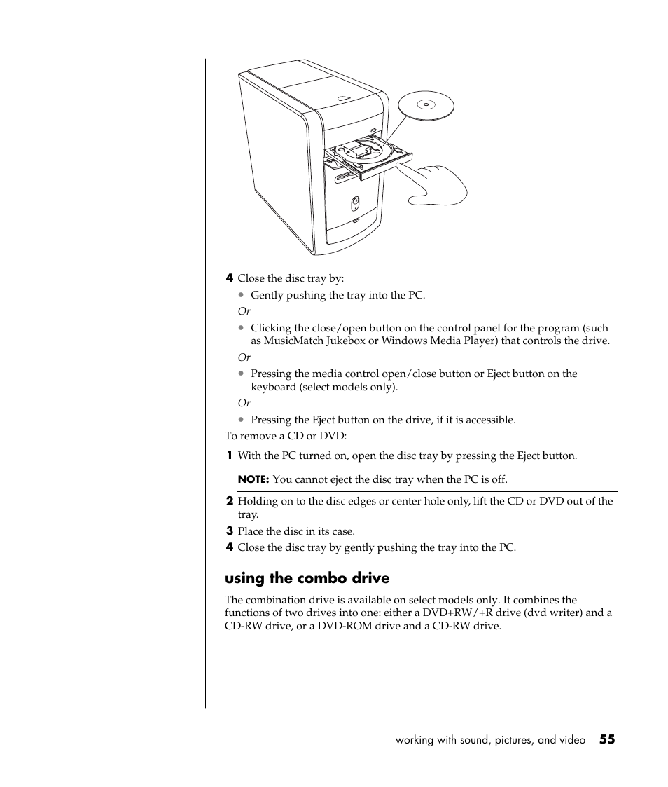 Using the combo drive | HP Pavilion t338d Desktop PC User Manual | Page 63 / 168