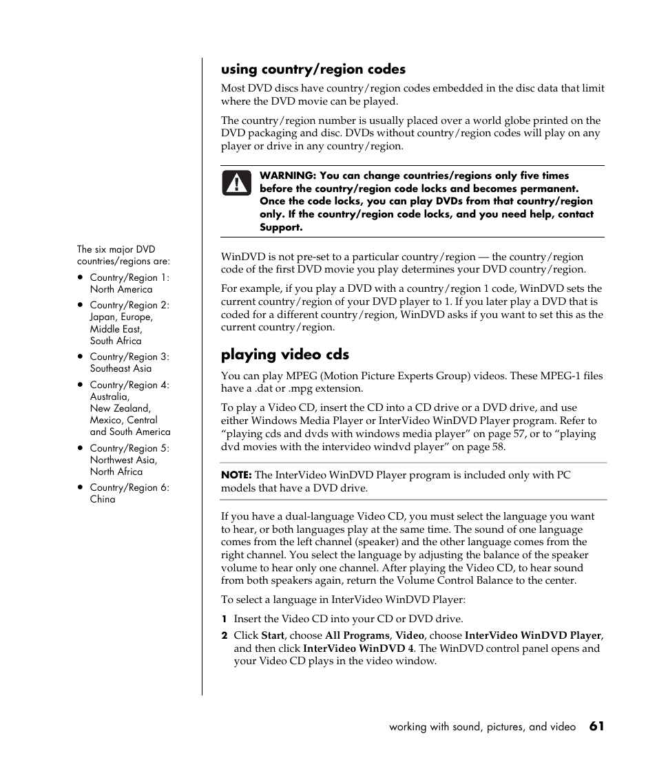 Playing video cds | HP Pavilion t338d Desktop PC User Manual | Page 69 / 168