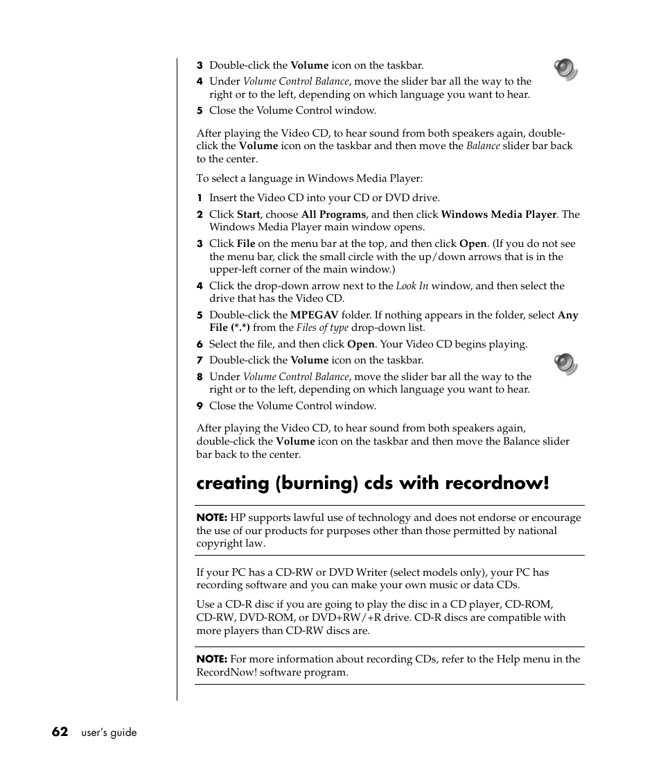 Creating (burning) cds with recordnow | HP Pavilion t338d Desktop PC User Manual | Page 70 / 168
