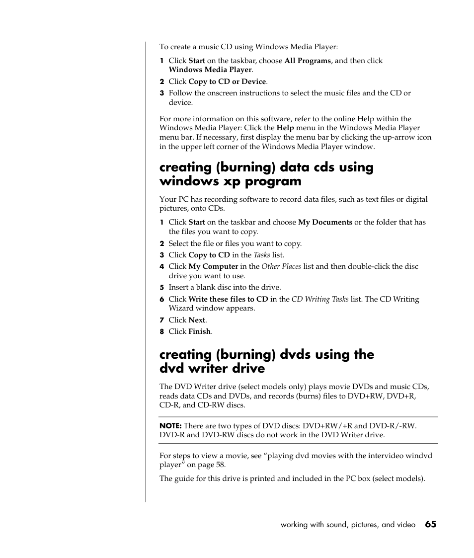 Creating (burning) dvds using the dvd writer drive | HP Pavilion t338d Desktop PC User Manual | Page 73 / 168