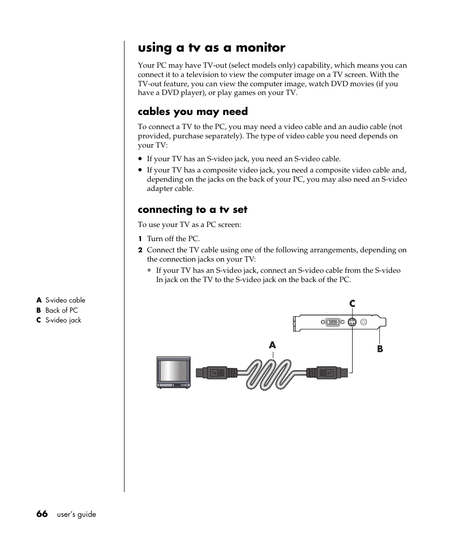Using a tv as a monitor, Cables you may need, Connecting to a tv set | HP Pavilion t338d Desktop PC User Manual | Page 74 / 168