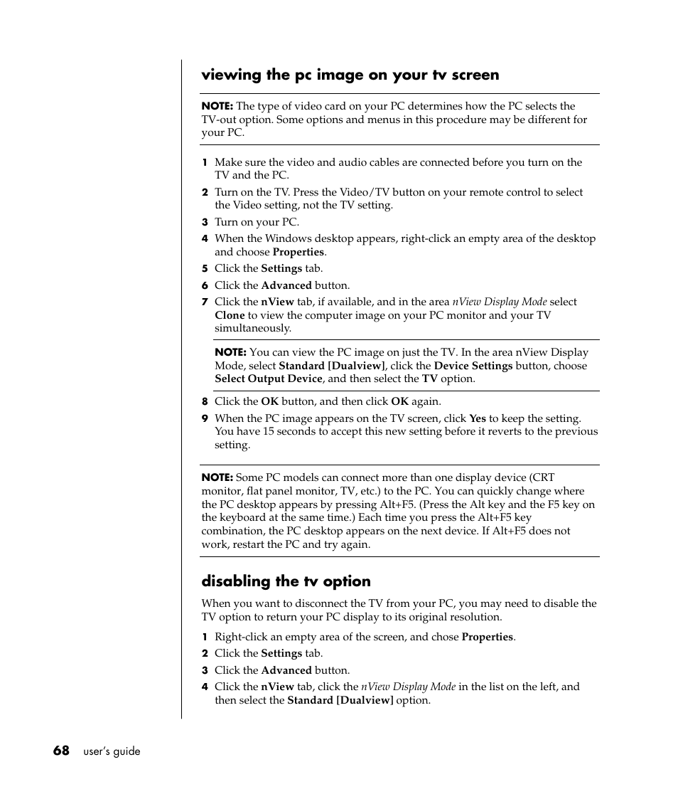 Viewing the pc image on your tv screen, Disabling the tv option | HP Pavilion t338d Desktop PC User Manual | Page 76 / 168