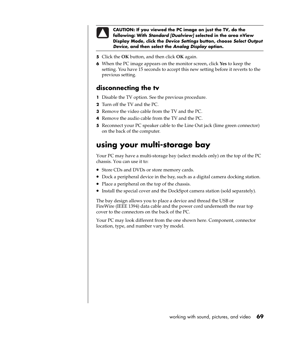 Using your multi-storage bay, Disconnecting the tv | HP Pavilion t338d Desktop PC User Manual | Page 77 / 168