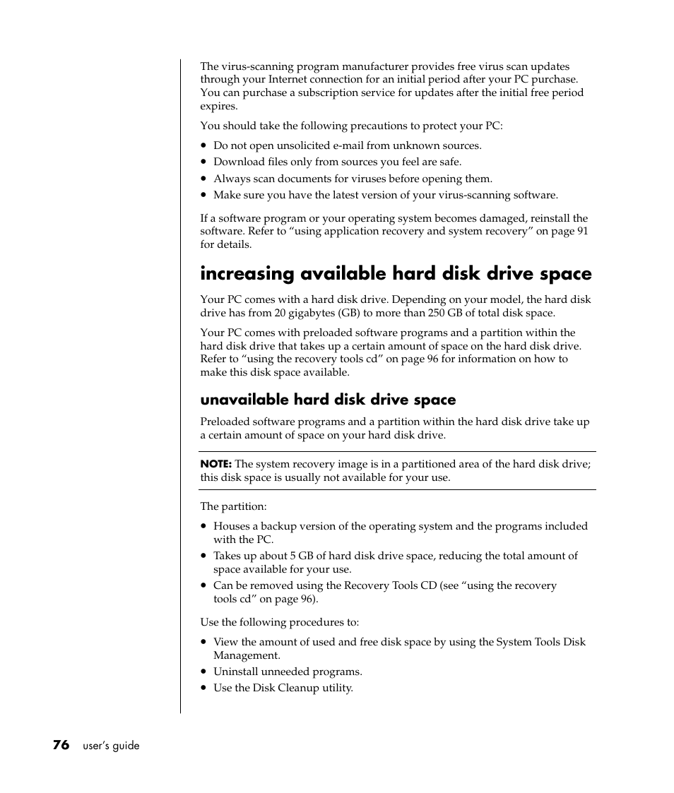 Increasing available hard disk drive space, Unavailable hard disk drive space | HP Pavilion t338d Desktop PC User Manual | Page 84 / 168