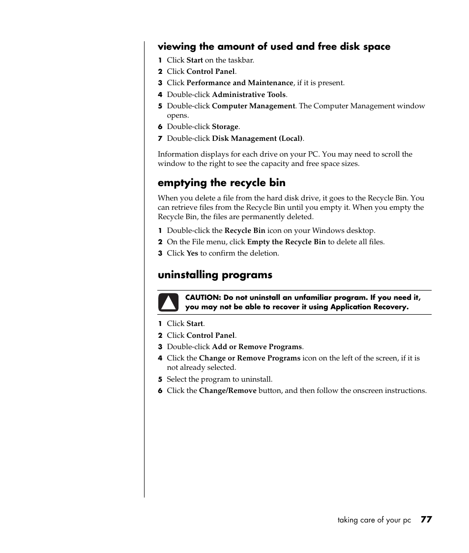 Emptying the recycle bin, Uninstalling programs, Viewing the amount of used and free disk space | HP Pavilion t338d Desktop PC User Manual | Page 85 / 168