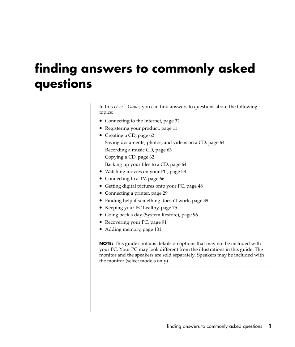 Finding answers to commonly asked questions | HP Pavilion t338d Desktop PC User Manual | Page 9 / 168