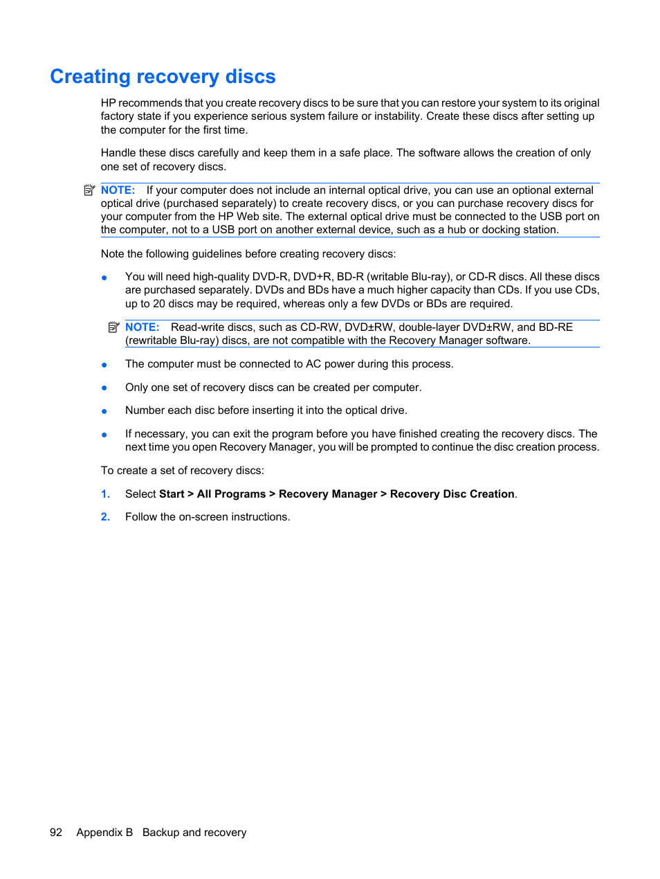 Creating recovery discs | HP Envy 15t-1100se CTO Beats Limited Edition Notebook PC User Manual | Page 102 / 112