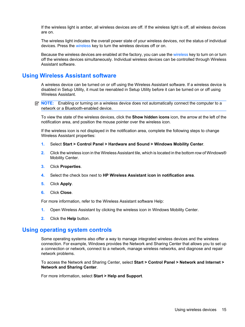 Using wireless assistant software, Using operating system controls | HP Envy 15t-1100se CTO Beats Limited Edition Notebook PC User Manual | Page 25 / 112