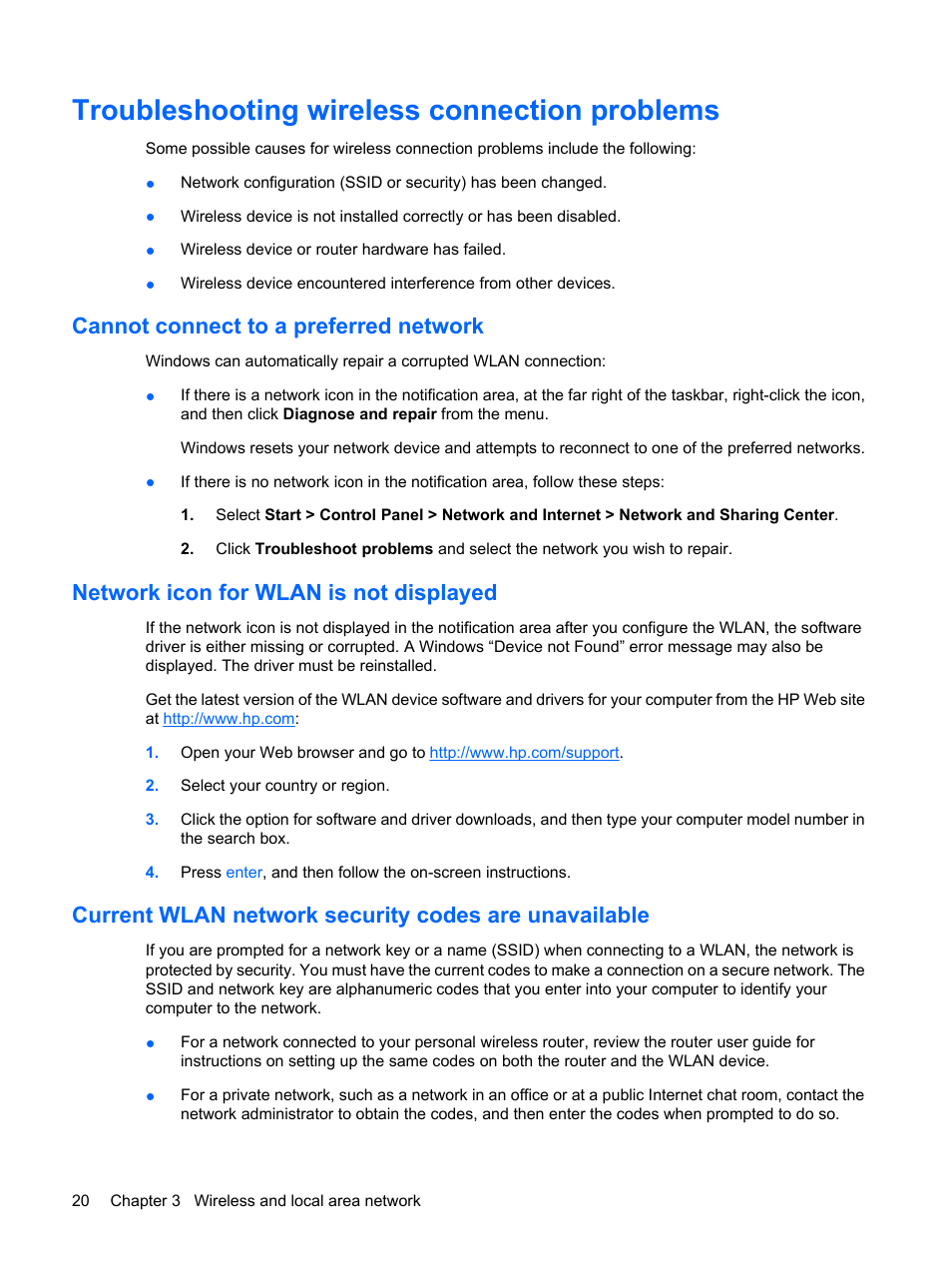Troubleshooting wireless connection problems, Cannot connect to a preferred network, Network icon for wlan is not displayed | HP Envy 15t-1100se CTO Beats Limited Edition Notebook PC User Manual | Page 30 / 112