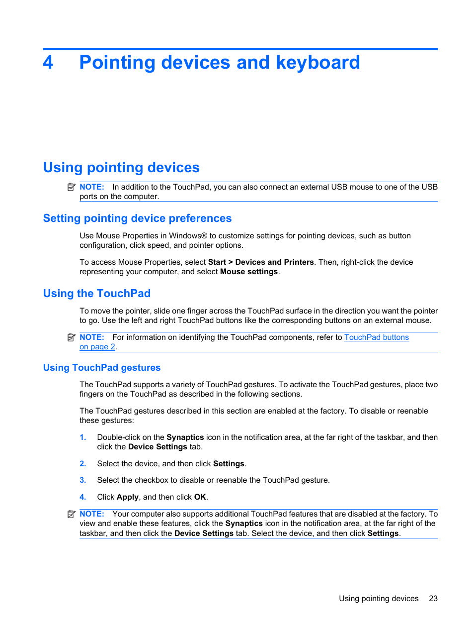 Pointing devices and keyboard, Using pointing devices, Setting pointing device preferences | Using the touchpad, Using touchpad gestures, 4 pointing devices and keyboard, 4pointing devices and keyboard | HP Envy 15t-1100se CTO Beats Limited Edition Notebook PC User Manual | Page 33 / 112