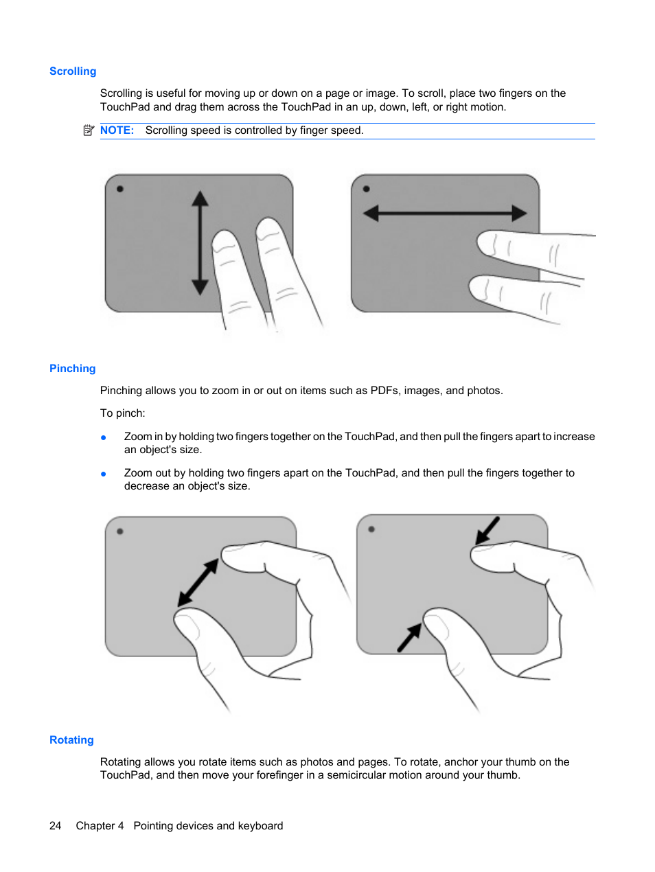 Scrolling, Pinching, Rotating | Scrolling pinching rotating | HP Envy 15t-1100se CTO Beats Limited Edition Notebook PC User Manual | Page 34 / 112