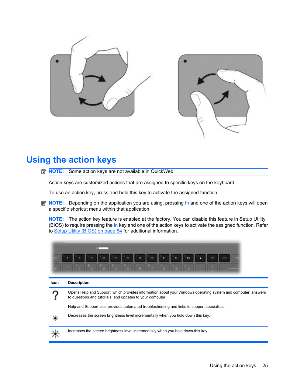 Using the action keys | HP Envy 15t-1100se CTO Beats Limited Edition Notebook PC User Manual | Page 35 / 112