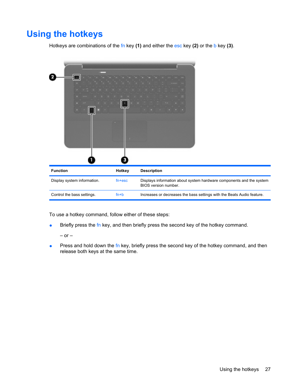 Using the hotkeys | HP Envy 15t-1100se CTO Beats Limited Edition Notebook PC User Manual | Page 37 / 112