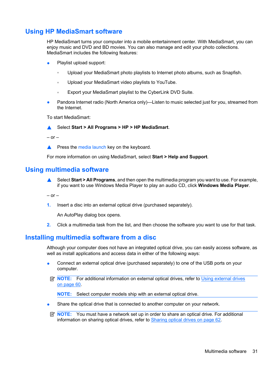Using hp mediasmart software, Using multimedia software, Installing multimedia software from a disc | HP Envy 15t-1100se CTO Beats Limited Edition Notebook PC User Manual | Page 41 / 112