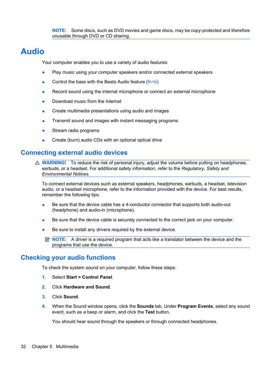 Audio, Connecting external audio devices, Checking your audio functions | HP Envy 15t-1100se CTO Beats Limited Edition Notebook PC User Manual | Page 42 / 112