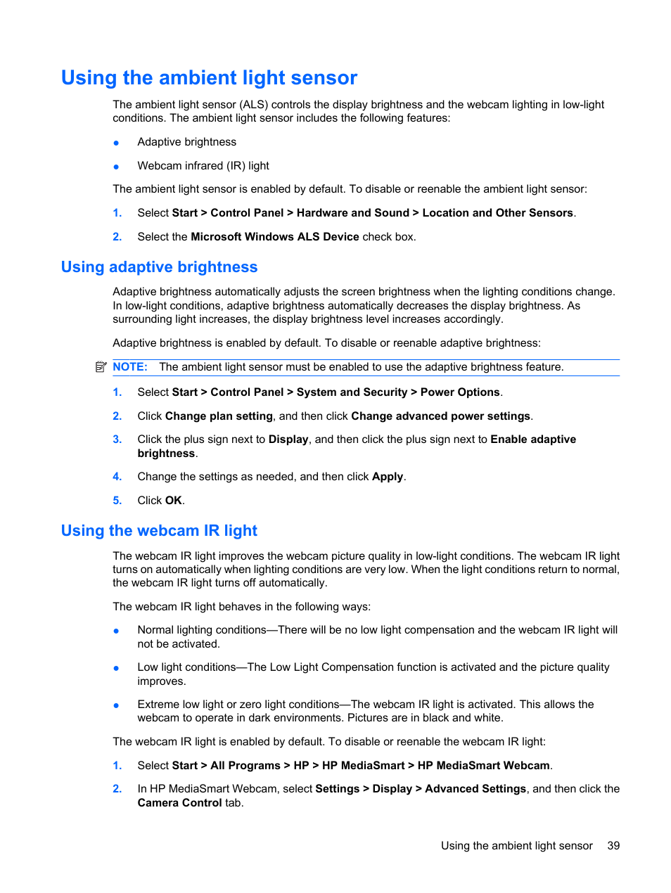 Using the ambient light sensor, Using adaptive brightness, Using the webcam ir light | HP Envy 15t-1100se CTO Beats Limited Edition Notebook PC User Manual | Page 49 / 112