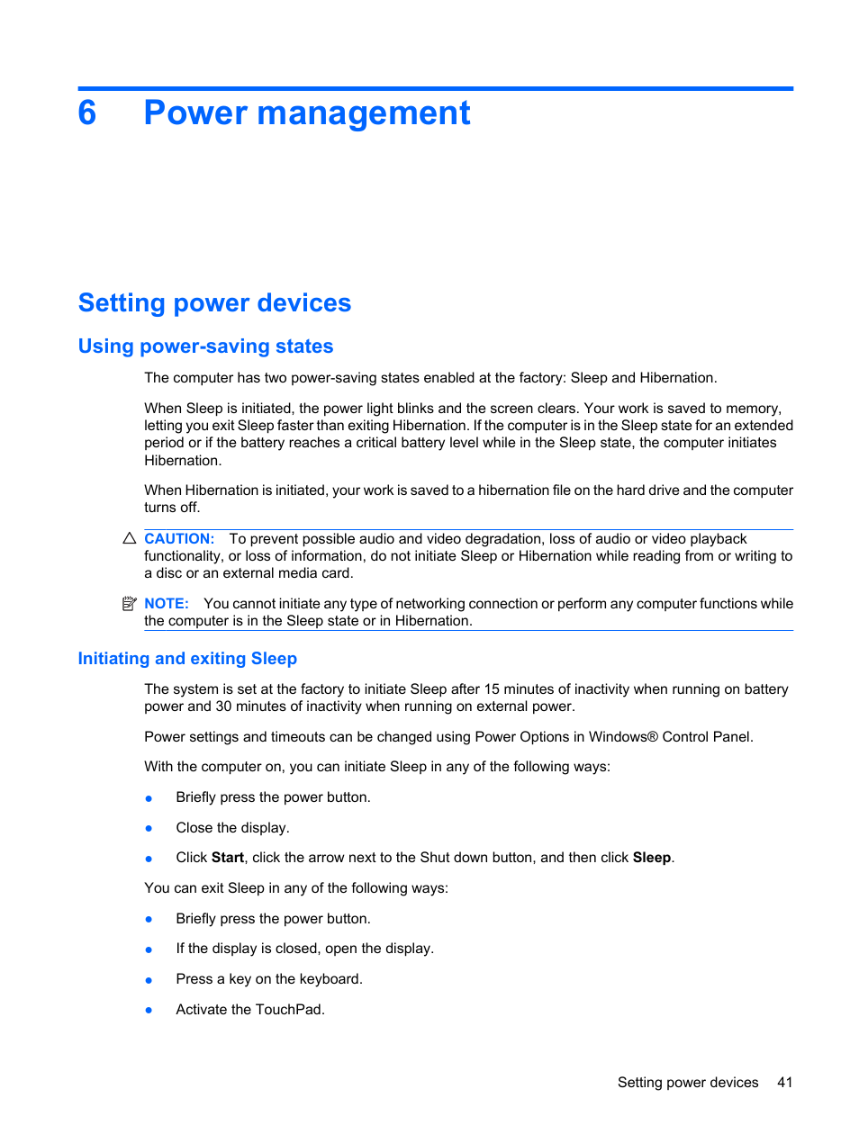 Power management, Setting power devices, Using power-saving states | Initiating and exiting sleep, 6 power management, 6power management | HP Envy 15t-1100se CTO Beats Limited Edition Notebook PC User Manual | Page 51 / 112