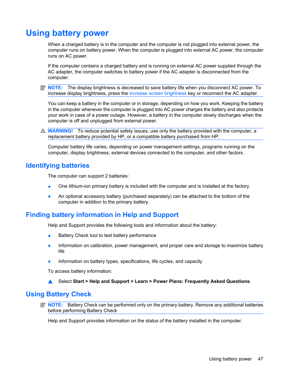 Using battery power, Identifying batteries, Finding battery information in help and support | Using battery check | HP Envy 15t-1100se CTO Beats Limited Edition Notebook PC User Manual | Page 57 / 112