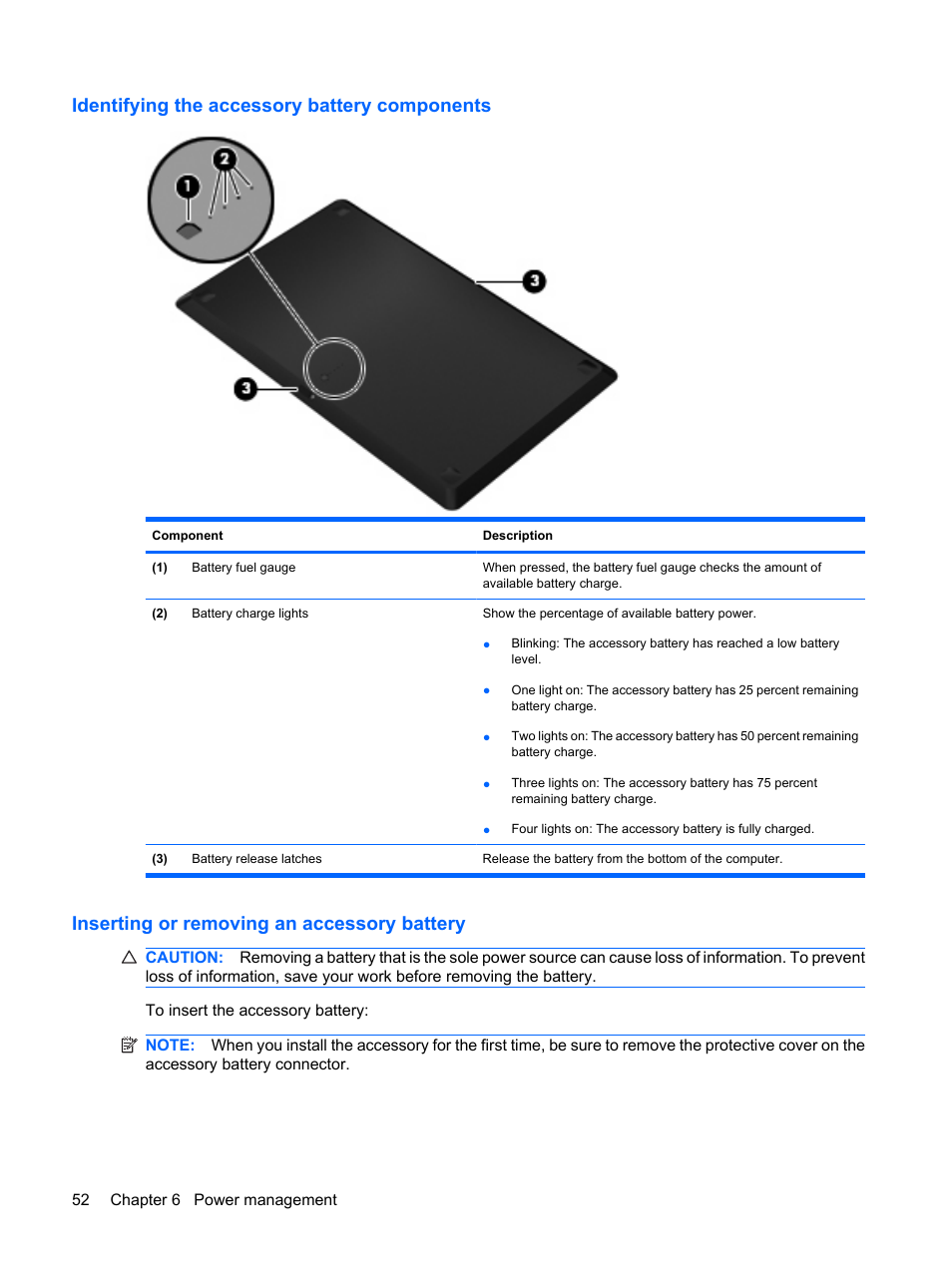 Identifying the accessory battery components, Inserting or removing an accessory battery | HP Envy 15t-1100se CTO Beats Limited Edition Notebook PC User Manual | Page 62 / 112