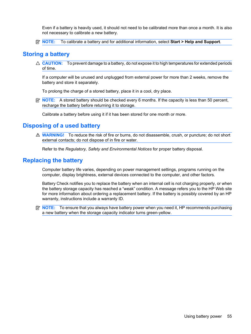 Storing a battery, Disposing of a used battery, Replacing the battery | HP Envy 15t-1100se CTO Beats Limited Edition Notebook PC User Manual | Page 65 / 112